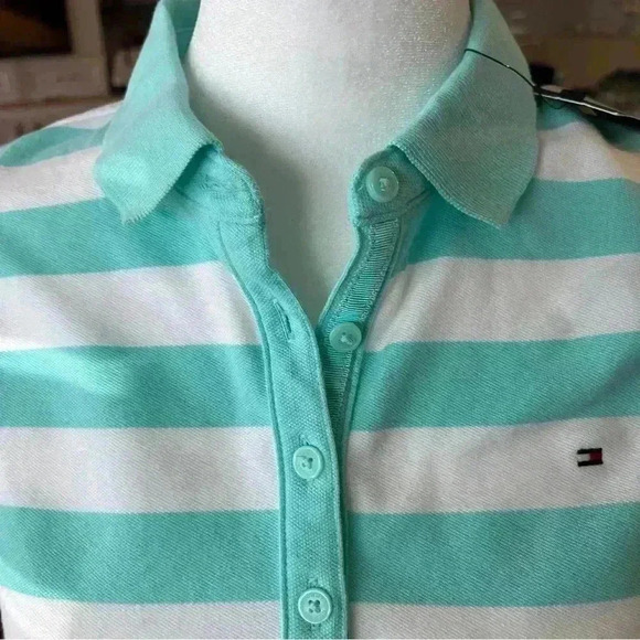 Tommy Hilfiger Aqua Stripe Polo Shirt Too Small Petite NWT - Picture 5 of 6